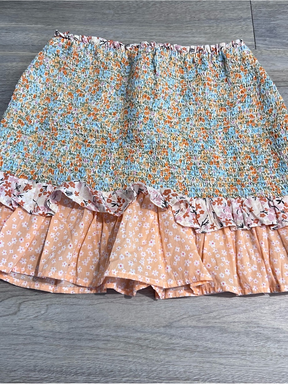 American Eagle Outfitters Peach & Light Blue Floral Smocked Mini Skirt